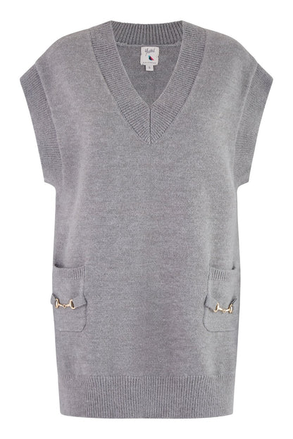 Yumi Grey Knitted Oversize Vest With Pockets And Snaffle Details