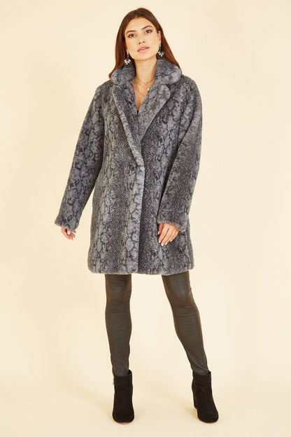 Yumi Grey Snakeskin Print Faux Fur Coat