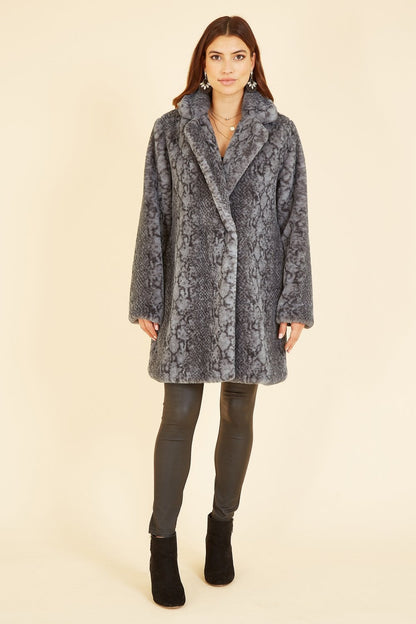 Yumi Grey Snakeskin Print Faux Fur Coat