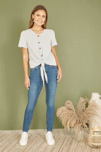 Yumi Grey Striped Jersey Button Detail Top