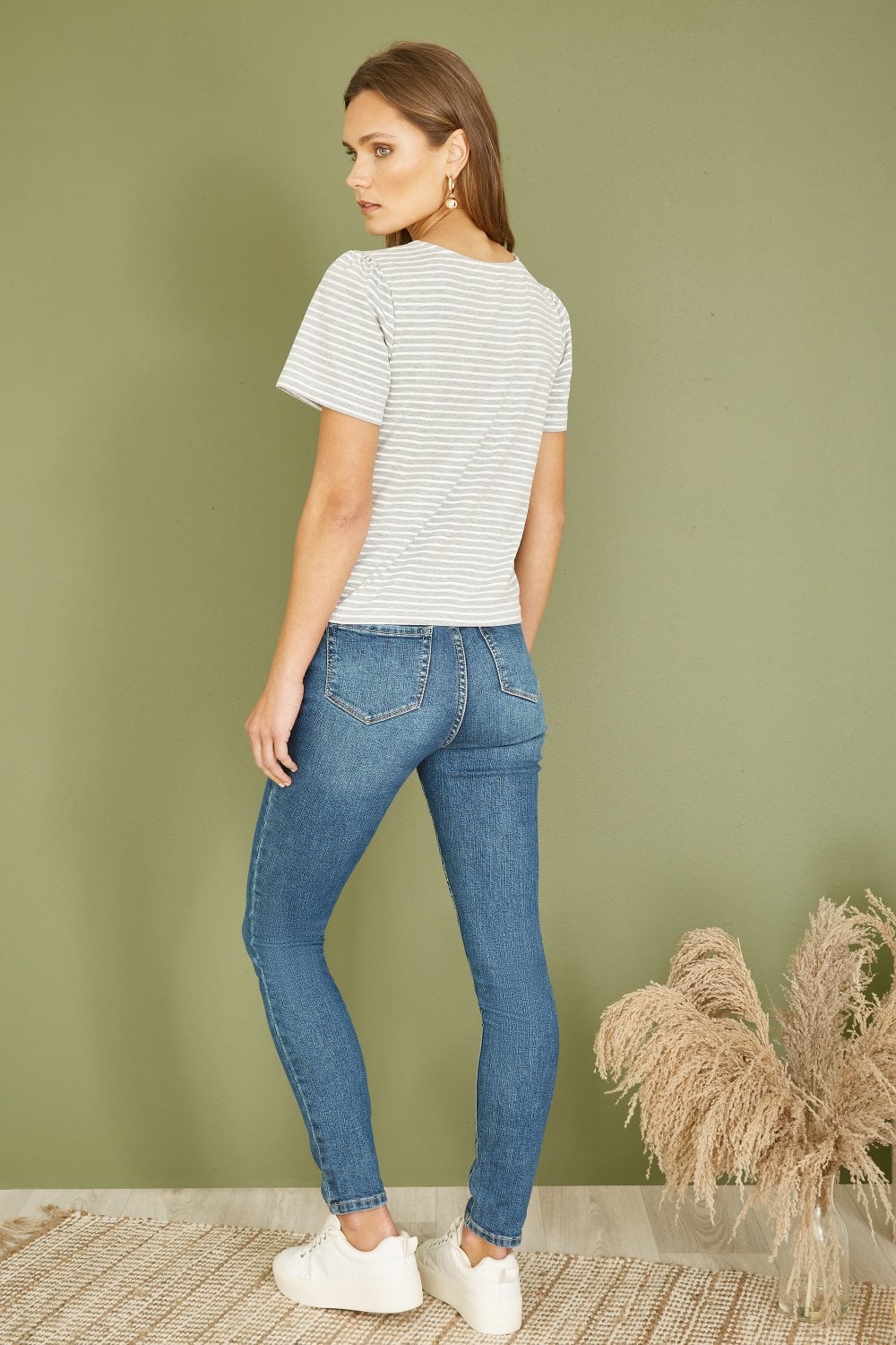 Yumi Grey Striped Jersey Button Detail Top