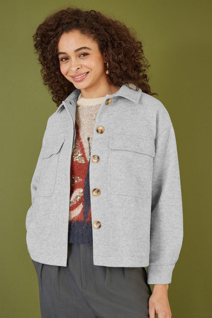 Yumi Grey Woven Shacket With Oversize Pockets