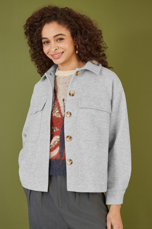 Yumi Grey Woven Shacket With Oversize Pockets
