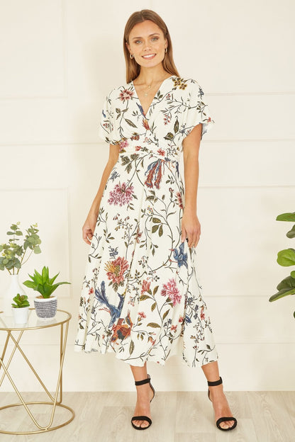 Yumi Ivory Bird and Floral Print Ruched Waist Kimono Midi Dress