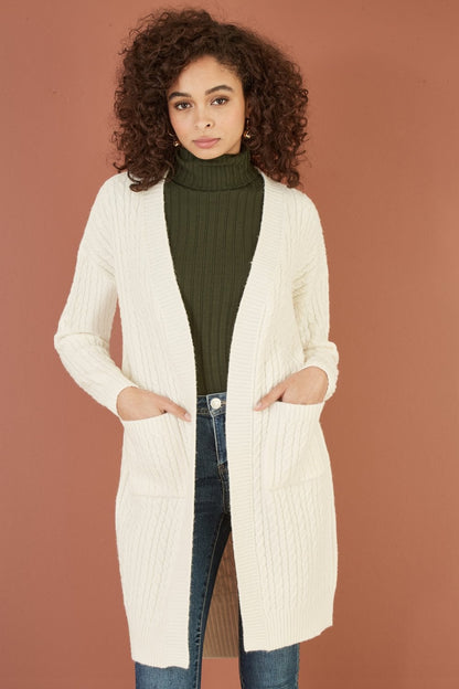 Yumi Ivory Cable Knit Edge to Edge Long Cardigan With Pockets