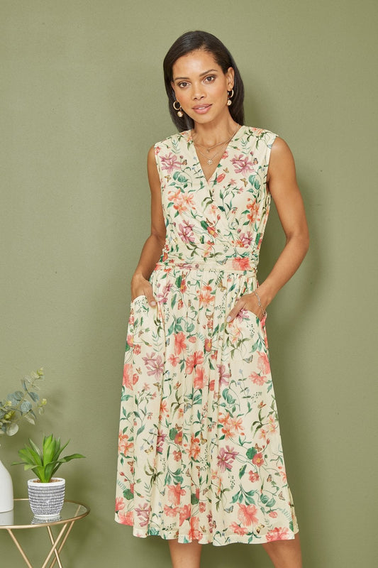 Yumi Ivory Floral Print Mesh Stretch Midi Dress With Pockets