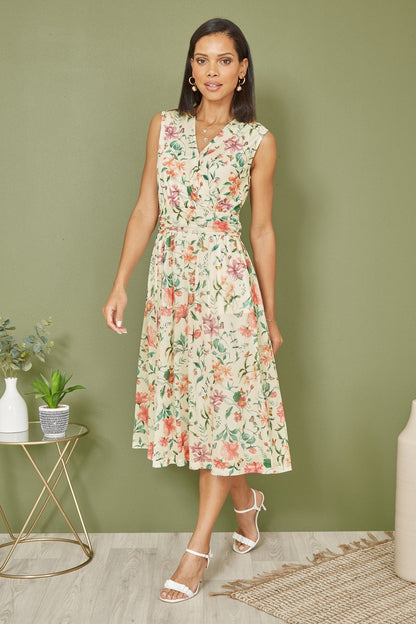 Yumi Ivory Floral Print Mesh Stretch Midi Dress With Pockets
