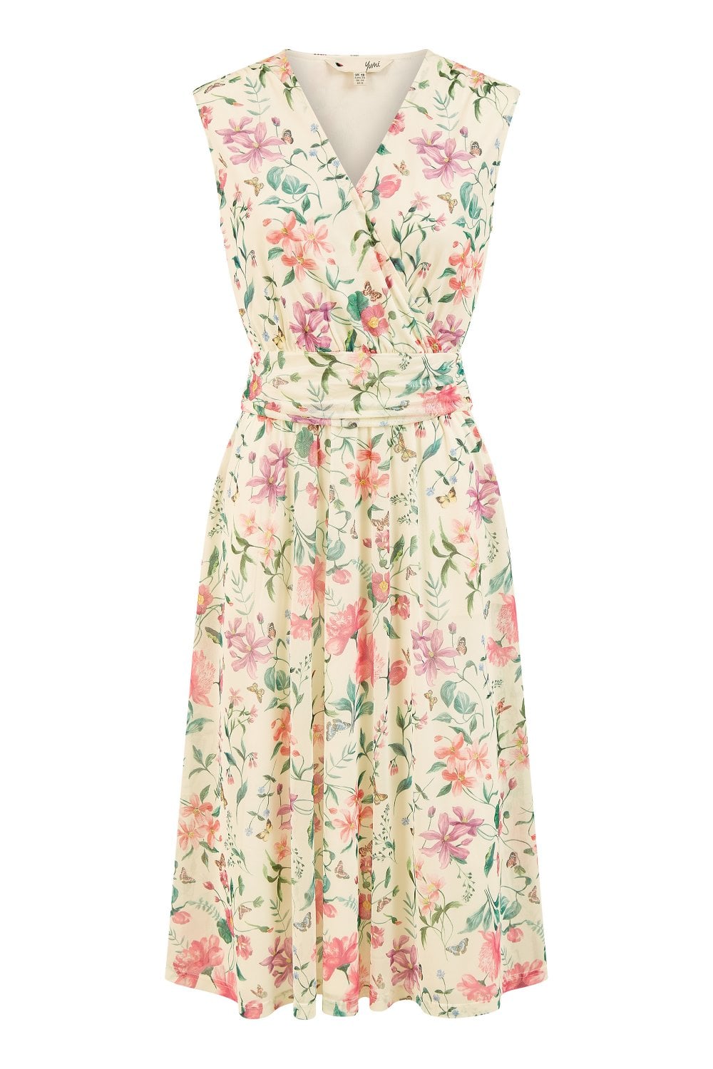 Yumi Ivory Floral Print Mesh Stretch Midi Dress With Pockets