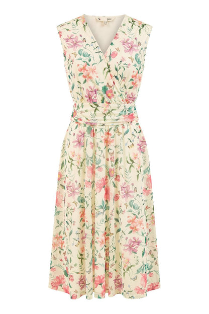 Yumi Ivory Floral Print Mesh Stretch Midi Dress With Pockets