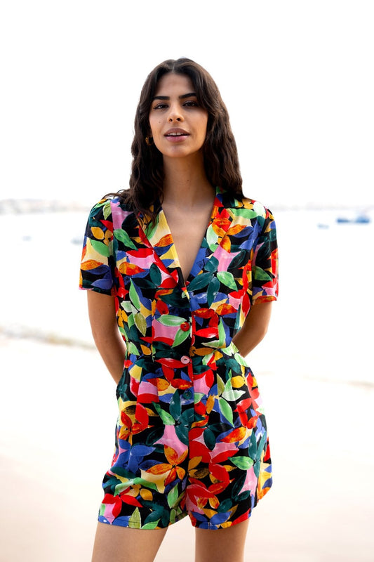 Yumi Multicolour Tropical Leaf Print Playsuit