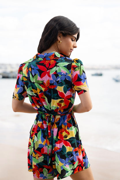 Yumi Multicolour Tropical Leaf Print Playsuit