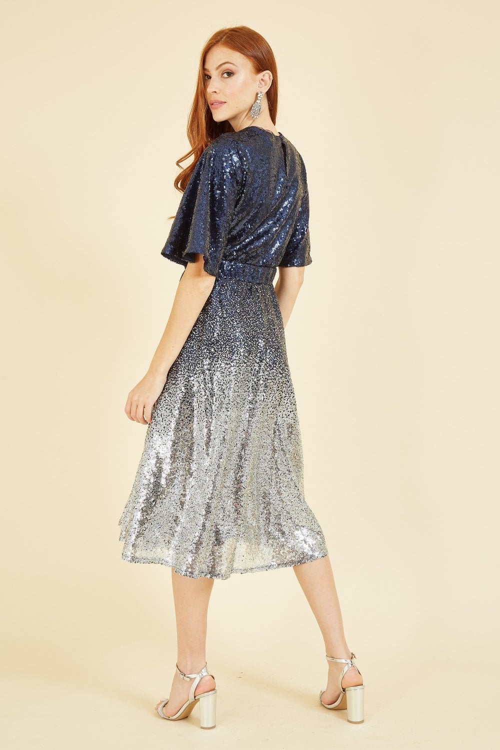 Yumi Navy and Silver Ombre Sequin Midi Wrap Dress