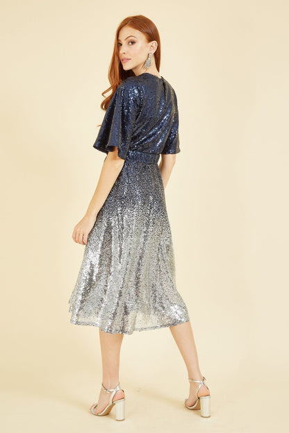 Yumi Navy and Silver Ombre Sequin Midi Wrap Dress