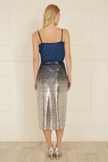 Yumi Navy And Silver Sequin Split Fitted Midi Skirt