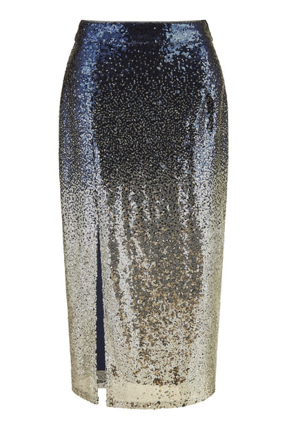 Yumi Navy And Silver Sequin Split Fitted Midi Skirt