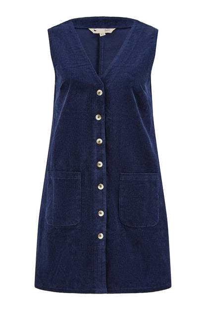 Yumi Navy Cord Button Through Pinafore Dress With Pockets