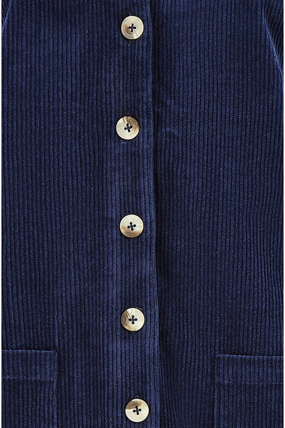 Yumi Navy Cord Button Through Pinafore Dress With Pockets