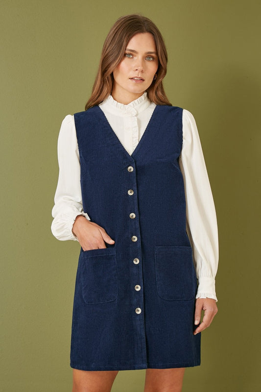 Yumi Navy Cord Button Through Pinafore Dress With Pockets