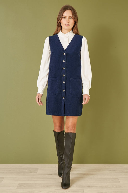 Yumi Navy Cord Button Through Pinafore Dress With Pockets