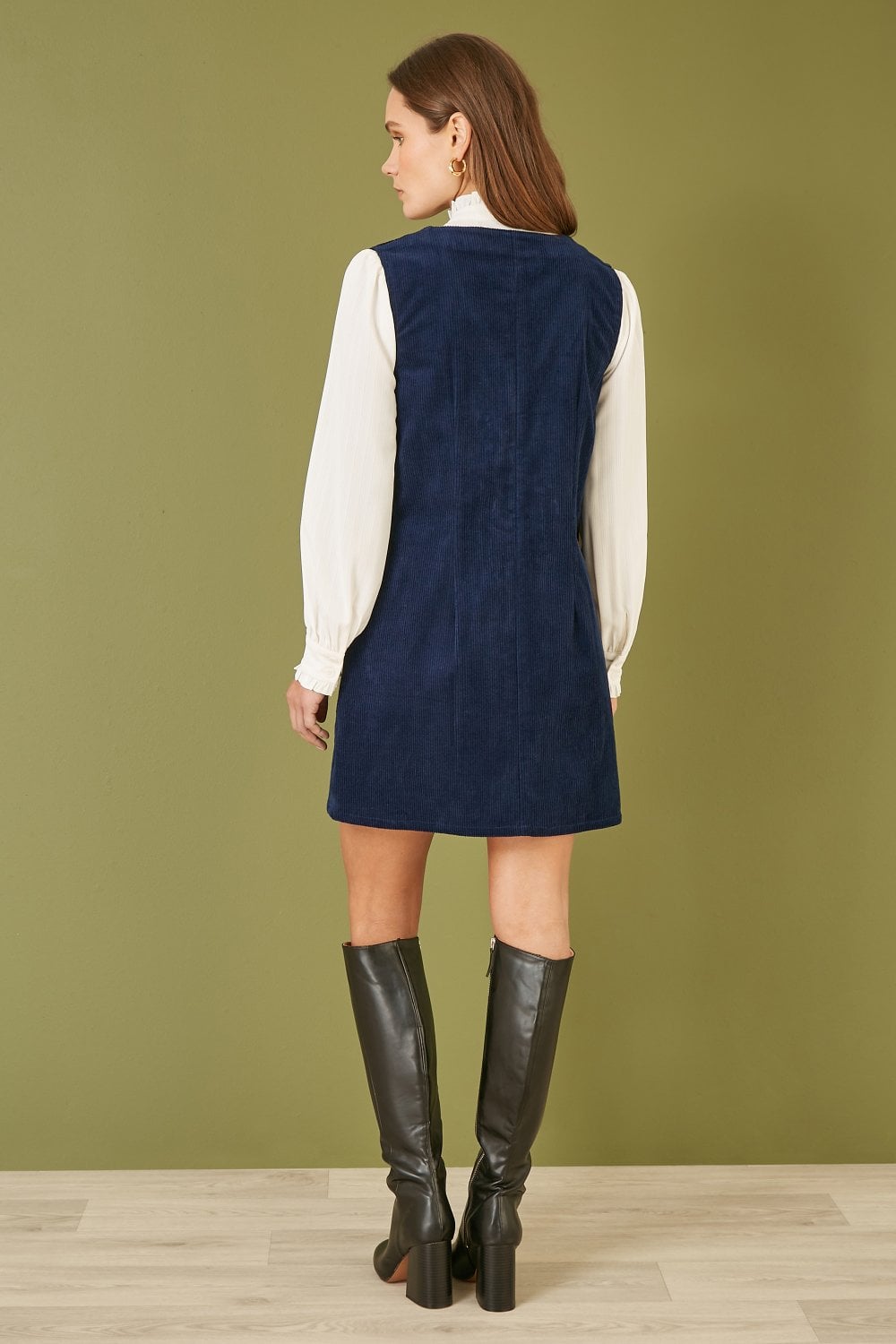 Yumi Navy Cord Button Through Pinafore Dress With Pockets
