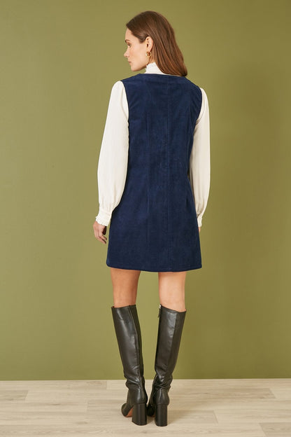 Yumi Navy Cord Button Through Pinafore Dress With Pockets