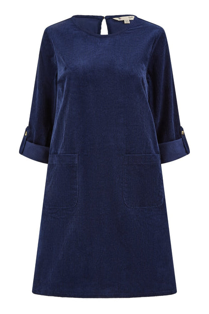 Yumi Navy Cord Tunic Dress With 3/4 Sleeves And Pockets
