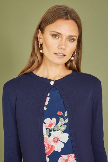 Yumi Navy Diamante Button Cropped Cardigan