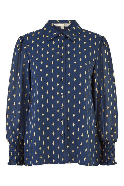 Yumi Navy Diamond Foil Print Top With Ruched Cuff