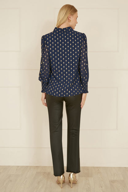 Yumi Navy Diamond Foil Print Top With Ruched Cuff