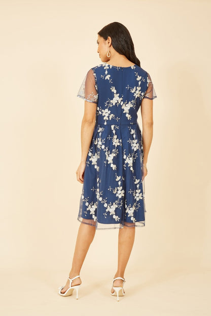 Yumi Navy Embroidered Floral Skater Dress