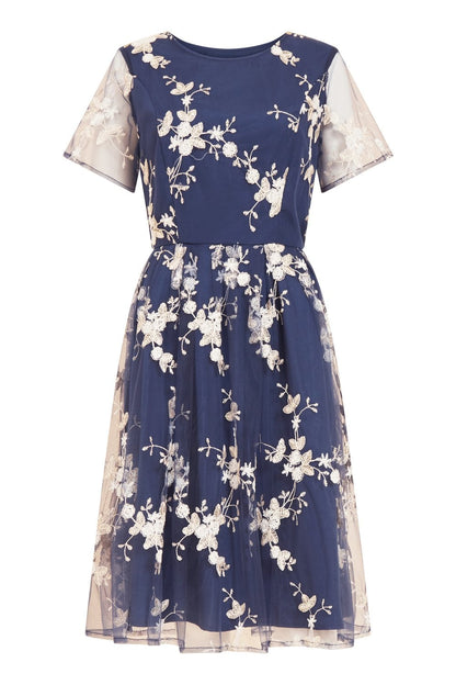 Yumi Navy Embroidered Floral Skater Dress