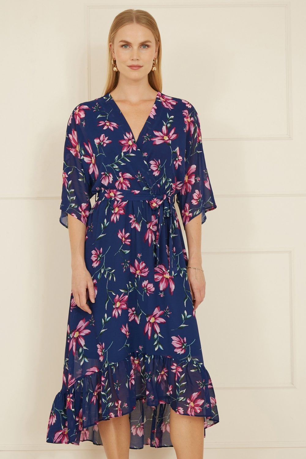Yumi Navy Floral Kimono Dipped Hem Dress