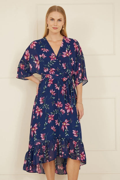 Yumi Navy Floral Kimono Dipped Hem Dress