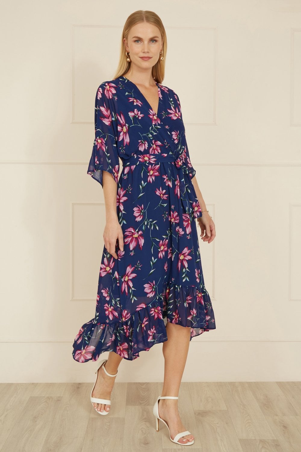 Yumi Navy Floral Kimono Dipped Hem Dress