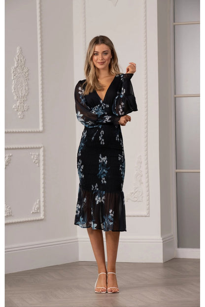 Yumi Urban Touch Navy Floral Print Bodycon Style Long Sleeve Dress