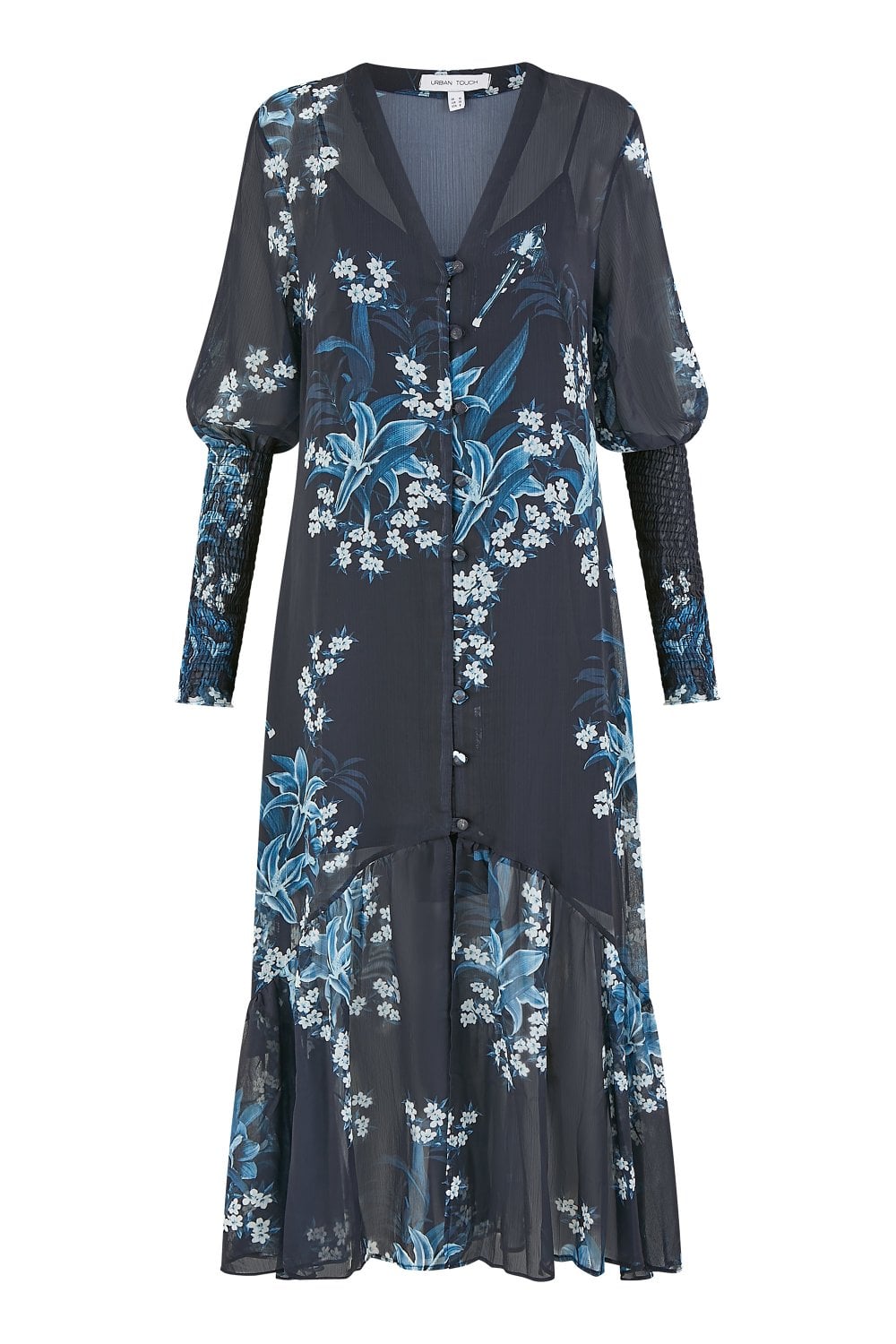 Yumi Urban Touch Navy Floral Print Long Sleeve Midi Dress