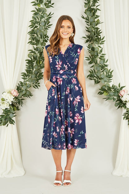 Yumi Navy Floral Print Mesh Stretch Midi Dress With Pockets