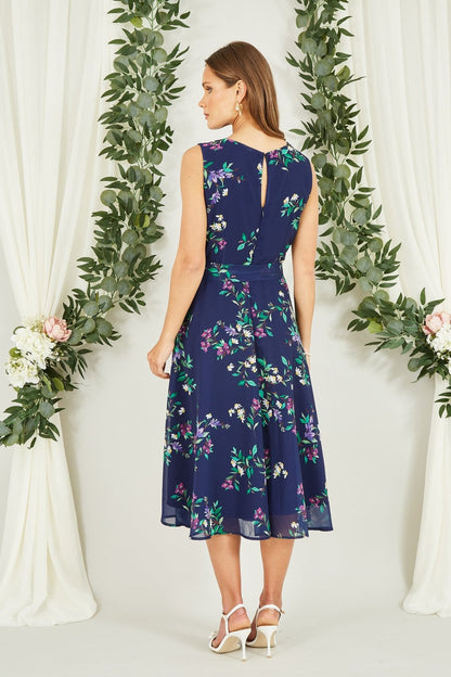 Yumi Navy Floral Print Midi Skater Dress