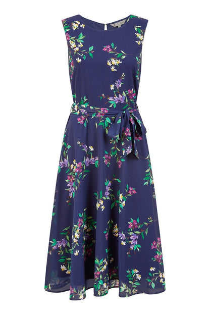 Yumi Navy Floral Print Midi Skater Dress