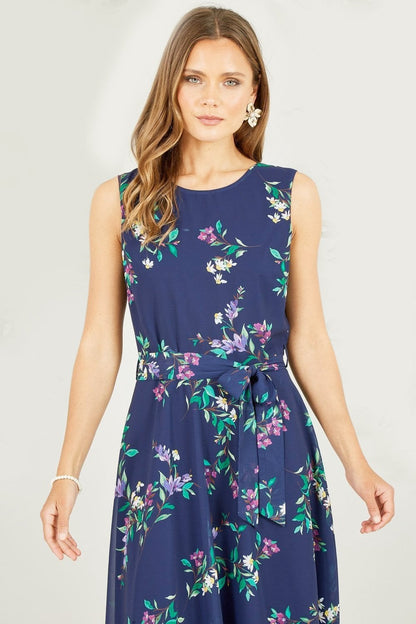 Yumi Navy Floral Print Midi Skater Dress