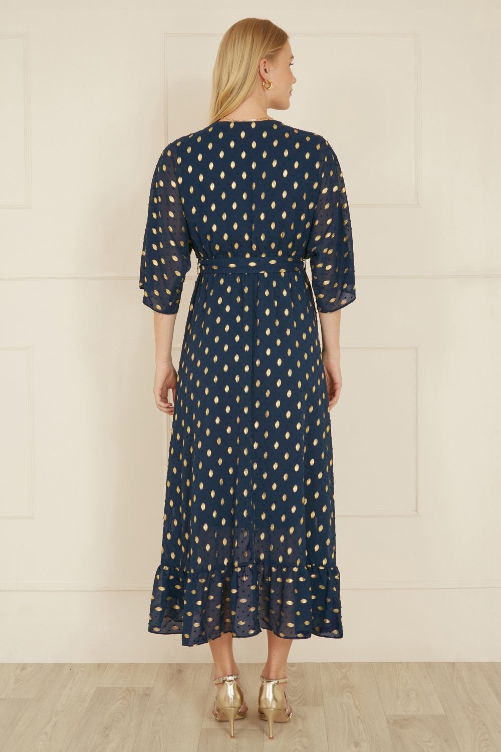 Yumi Navy Foil Print Wrap Over Dip Hem Midi Dress
