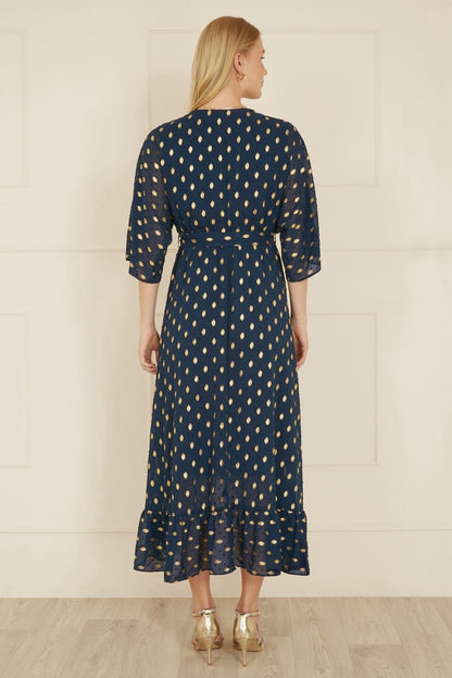 Yumi Navy Foil Print Wrap Over Dip Hem Midi Dress