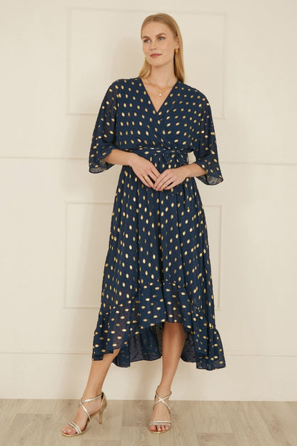 Yumi Navy Foil Print Wrap Over Dip Hem Midi Dress