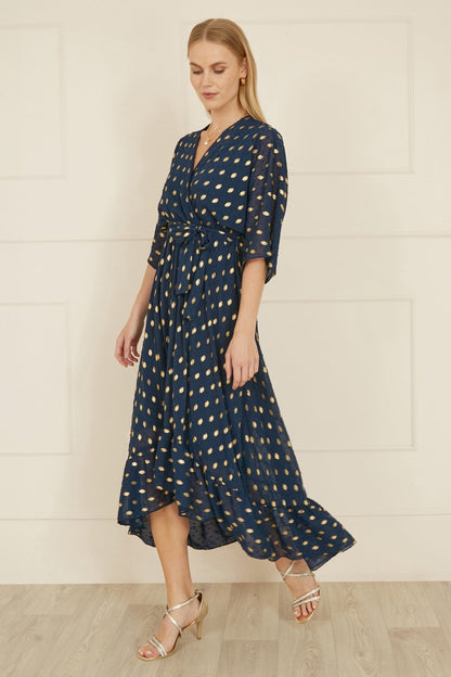 Yumi Navy Foil Print Wrap Over Dip Hem Midi Dress