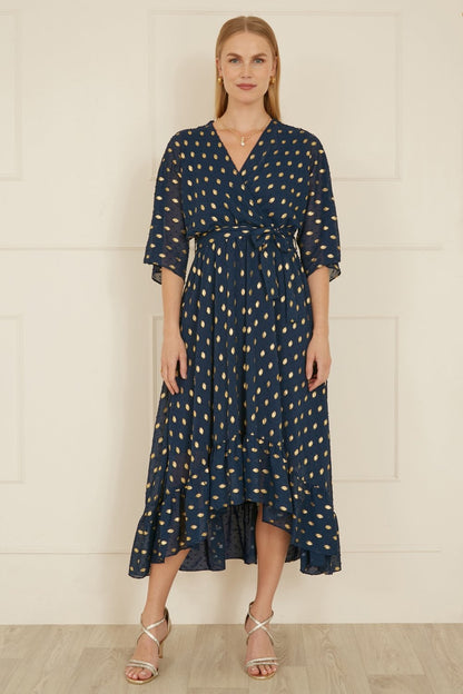 Yumi Navy Foil Print Wrap Over Dip Hem Midi Dress