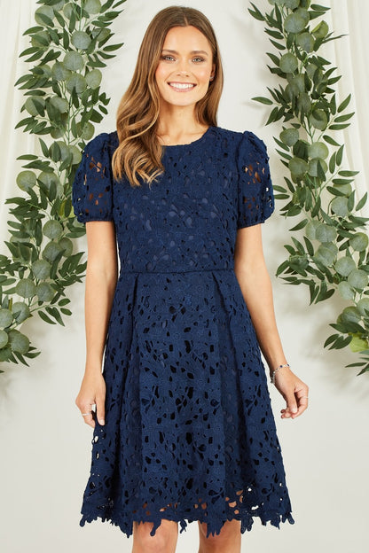 Yumi Navy Lace Skater Dress With Puff Sleeves