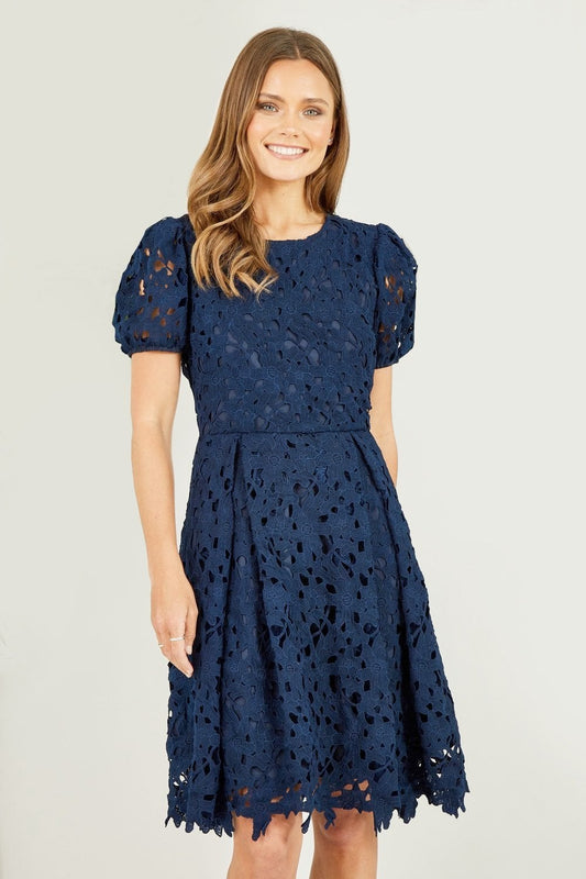 Yumi Navy Lace Skater Dress With Puff Sleeves