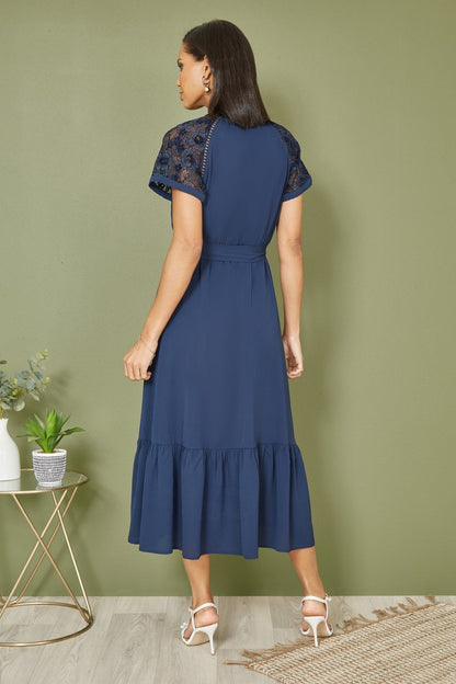 Yumi Navy Lace Sleeve Midi Wrap Over Dress