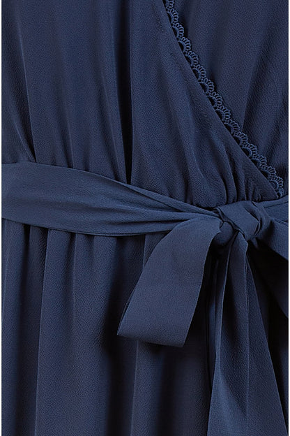 Yumi Navy Lace Sleeve Midi Wrap Over Dress