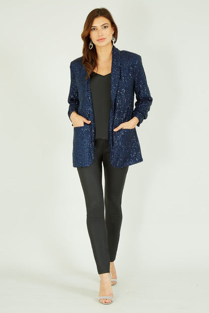 Yumi Navy Sequin Blazer With Pockets